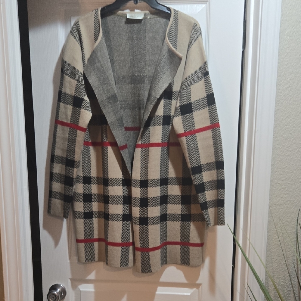 Chic Plaid Open Cardigan - Beige, Black, and Red